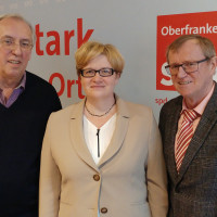Vorsitzende Anette Kramme (Mitte) und ihre Stellvertreter Karl Lothes aus Pegnitz (rechts) und Roland Dörfler (links) wurden von den Parteitags-Delegierten des SPD-Unterbezirks Bayreuth mit großer Mehrheit gewählt.
